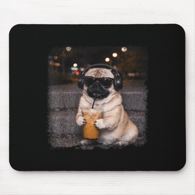 Pug drinking iced coffee lover humor funny dog mem mousepad (Vorne)