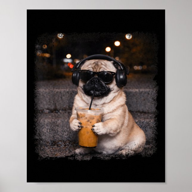 Pug drinking iced coffee lover humor funny dog mem poster (Vorne)
