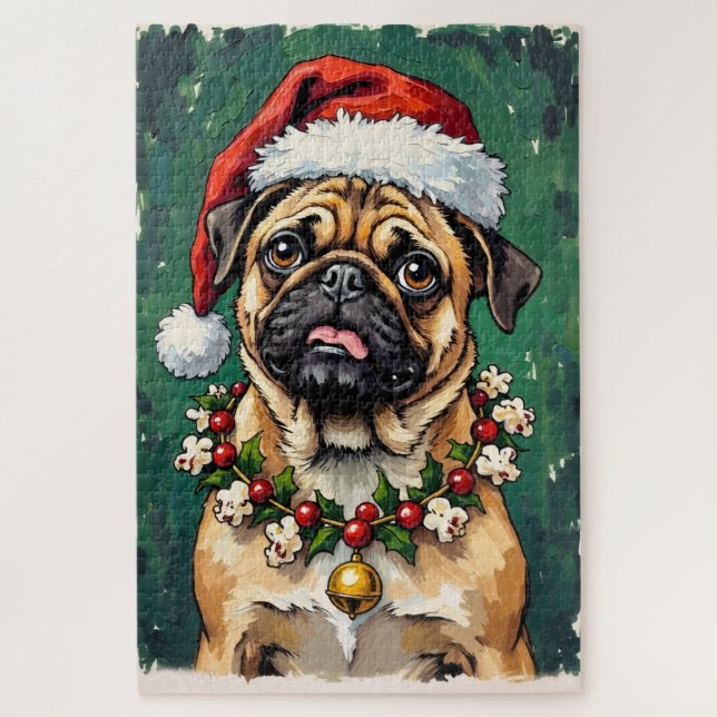 Pug Eating the Christmas Garland Hat (Vertikal)