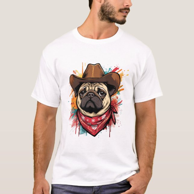Pug face Cute Western cowboy hat & bandana T-Shirt (Vorderseite)