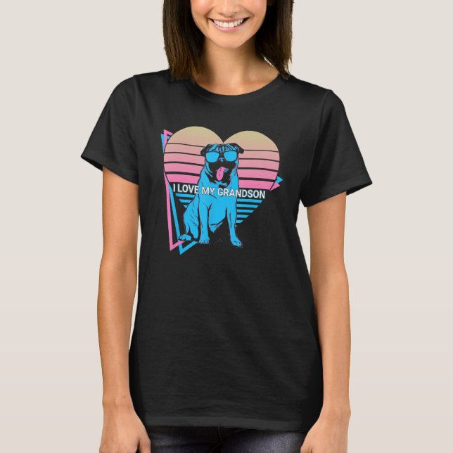 Pug Grandpa Retro I Love My Grandson T-Shirt (Vorderseite)