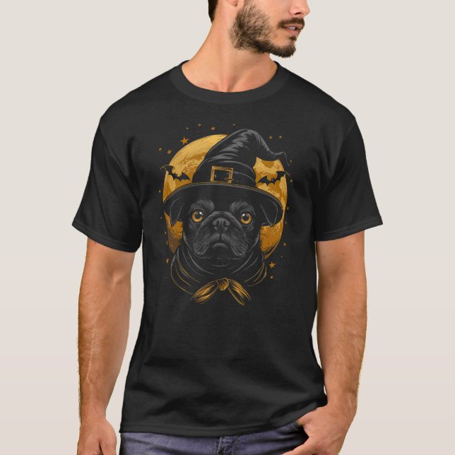 Pug Halloween Dog Wizard Hat Funny Cute Witch Cost T-Shirt (Vorderseite)