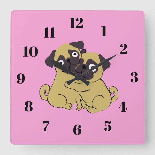 Pug hug  quadratische wanduhr (Vorderseite)