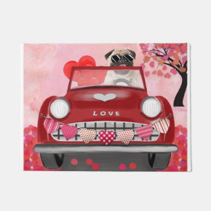 Pug-Hund-Auto mit Herzen Valentinstag Fußmatte
