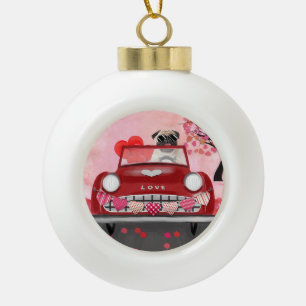 Pug-Hund-Auto mit Herzen Valentinstag Keramik Kugel-Ornament