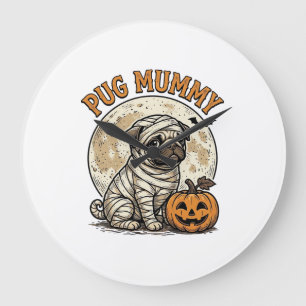 Pug-Mummy-Halloween-Vintage-Hunde-Shirt-Design_1 Große Wanduhr