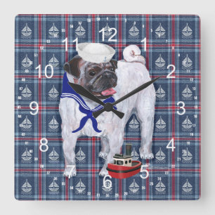 Pug Sailor Quadratische Wanduhr