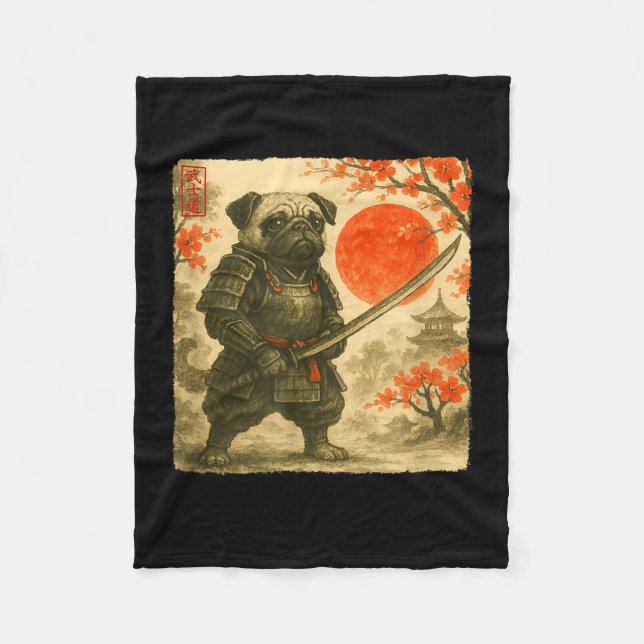 Pug Samurai Japanese Warrior Costume Sumi-e Art Fu Fleecedecke (Vorderseite)