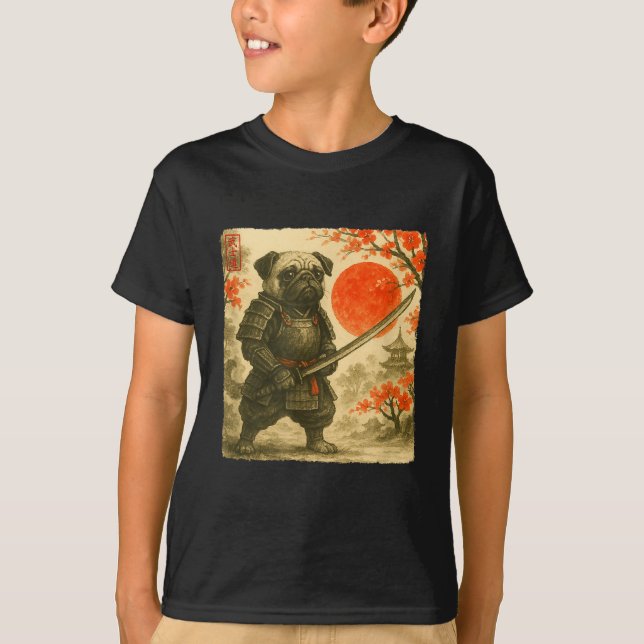 Pug Samurai Japanese Warrior Costume Sumi-e Art Fu T-Shirt (Vorderseite)