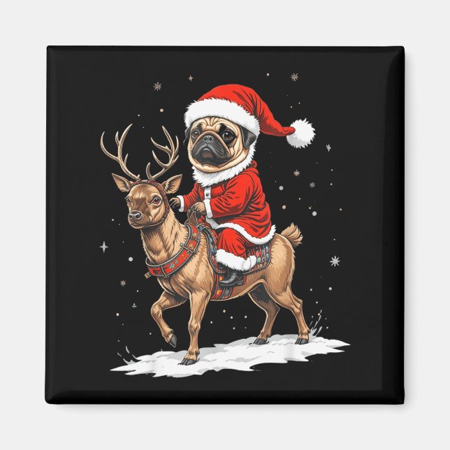Pug Santa Riding Reindeer Christmas Holiday Puppy  Magnet (Vorne)