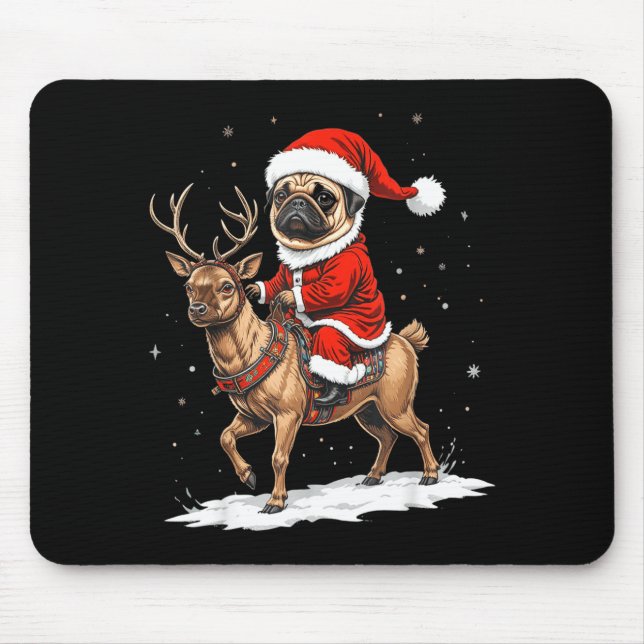 Pug Santa Riding Reindeer Christmas Holiday Puppy  Mousepad (Vorne)