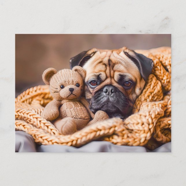Pug Snuggling with Teddy Bear Blanket Postkarte (Vorderseite)