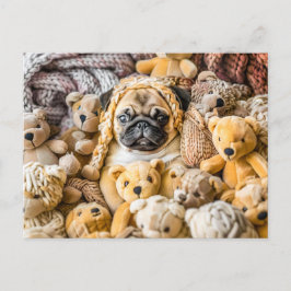Pug Surrounded by Plush Teddy Bears Postkarte