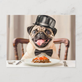 Pug Wearing Hat Sitting at Table Postkarte