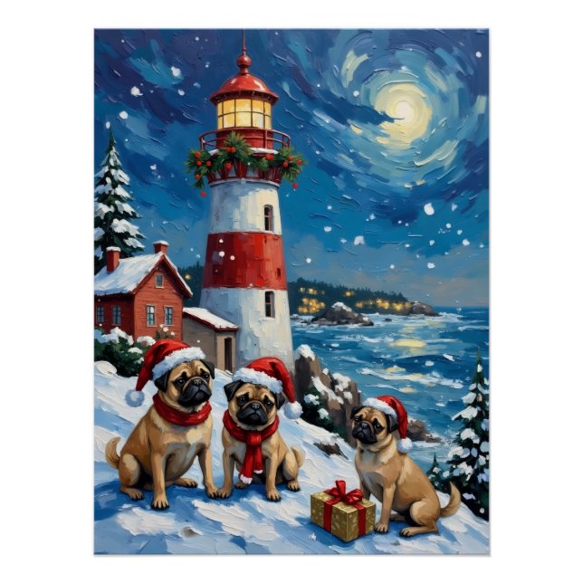 Pug-Weihnachts-Leuchtturm-Feiertag Poster (Vorderseite)