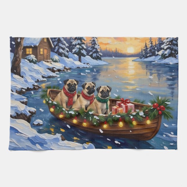 Pug-Weihnachtsboot-Feiertag Geschirrtuch (Horizontal)