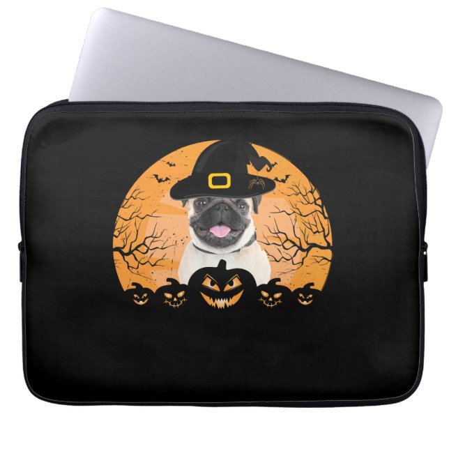 Pug Witch Hat Jack-o-Lantern Dogs Halloween T-Shir Laptopschutzhülle (Vorderseite)