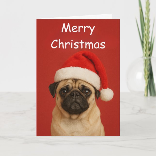 Pug with a Santa hat Custom Christmas Greeting Karte (Vorderseite)