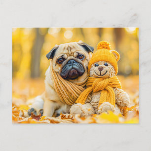 Pug with Plush Toy in Autumn Forest Postkarte