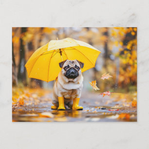 Pug with Umbrella and Boots in Rain Postkarte