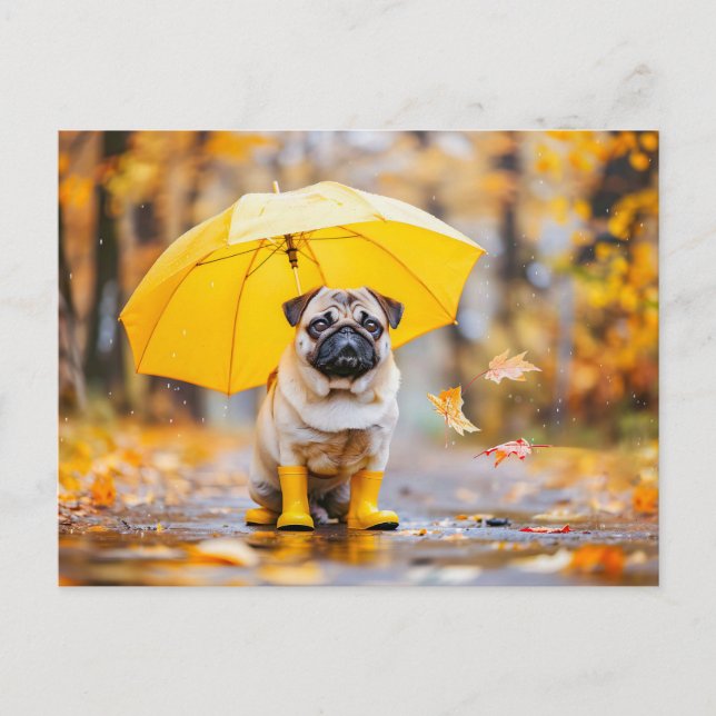 Pug with Umbrella and Boots in Rain Postkarte (Vorderseite)