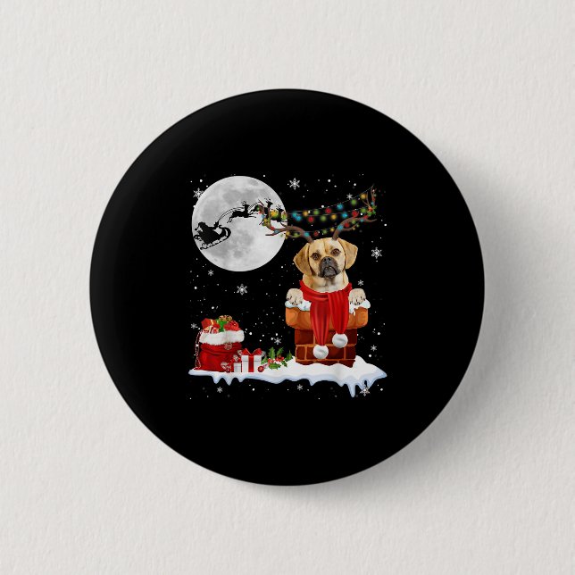 Puggle Dog Chimney Ugly Christmas Lights Xmas Paja Button (Vorderseite)