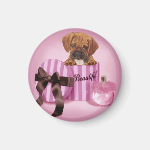 Puggle in Stripy Round Box Magnet