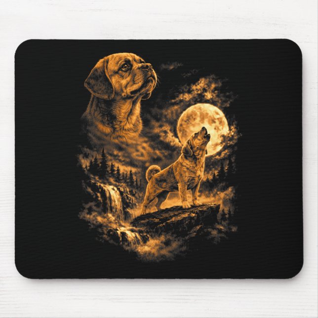 Puggles Heulender Mond Hund Fantasy Forrest Mousepad (Vorne)