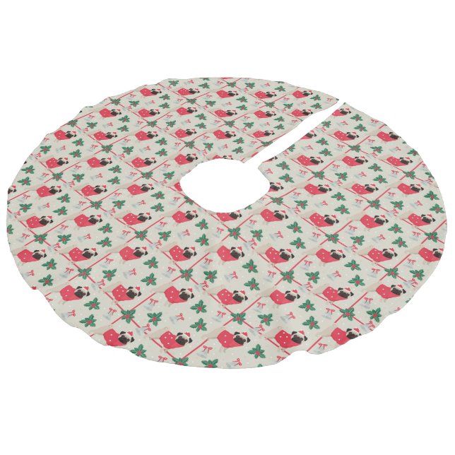 Puggy Christmas Tree Skirt Leinenimitat Weihnachtsbaumdecke (Schrägansicht)