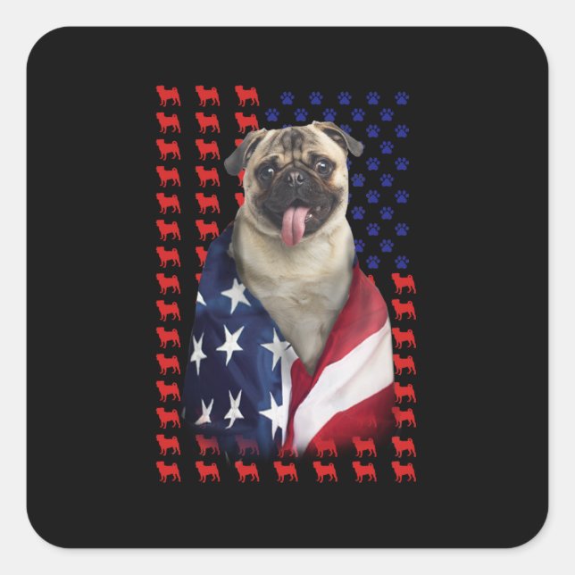 Puggy USA Flag Quadratischer Aufkleber (Vorderseite)