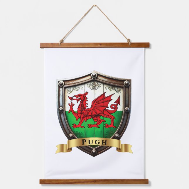 Pugh Wales Surname Shield Wandteppich Mit Holzrahmen (Vorderseite)