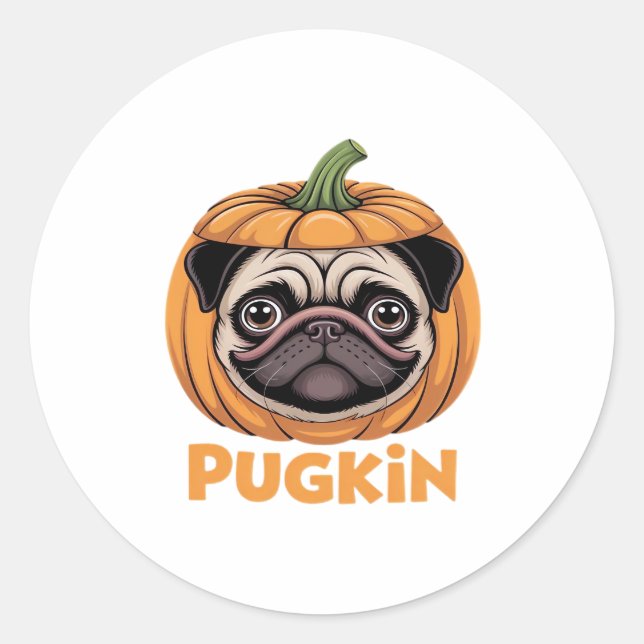 Pugkin Mops Halloween Happy Halloween Oversized T- Runder Aufkleber (Vorderseite)