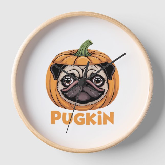 Pugkin Mops Halloween Happy Halloween Oversized T- Uhr (Vorderseite)