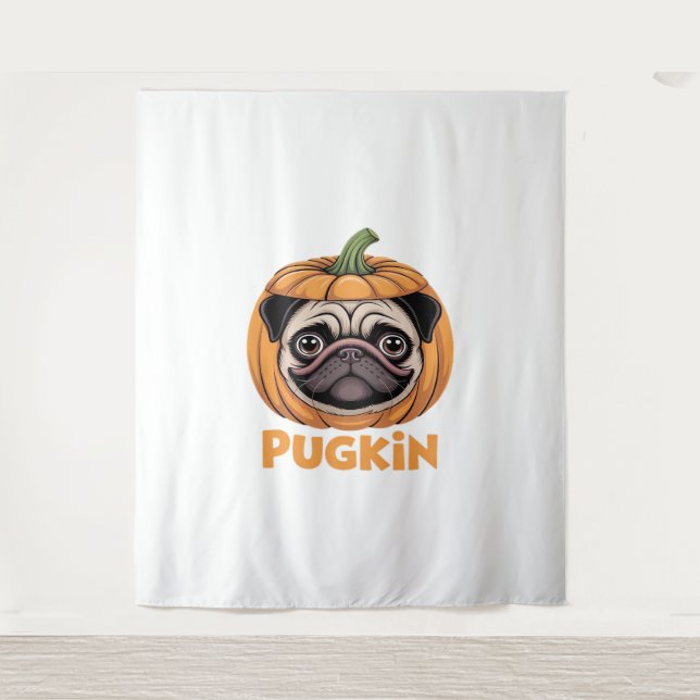 Pugkin Mops Halloween Happy Halloween Oversized T- Wandteppich (Vorderseite)