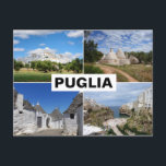 Puglia-Häuser, Städte und Landschaftssammlung Postkarte<br><div class="desc">Postkarte mit einer Collage von vier Fotos der berühmten Trulli-Häuser,  Alberobello Stadt,  Weiße Stadt Ostuni und Stadtstrand in Polignano a Mare in Puglia,  Italien und dem Text "Puglia".</div>