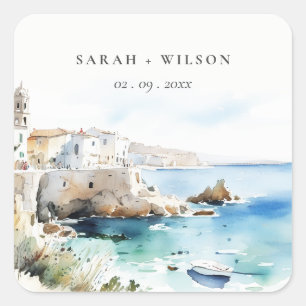 Puglia, Italien Aquarell-Landschaft Hochzeit Quadratischer Aufkleber