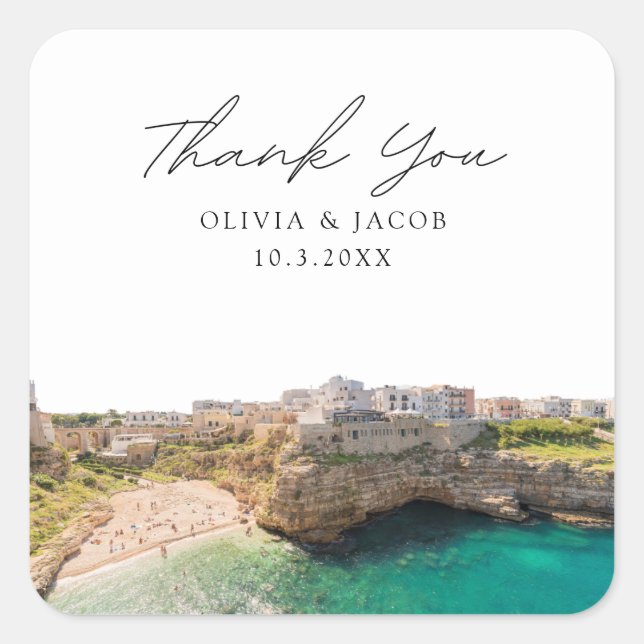 Puglia Wedding Destination Gefallen Vielen Dank Quadratischer Aufkleber (Vorderseite)