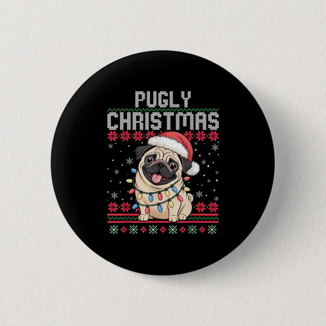 Pugly Ba Ham Pug hässlicher Weihnachtspullover Hun Button (Vorderseite)
