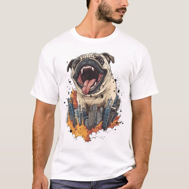Pugzilla Attacks � Funny Monster Dog T-Shirt (Vorderseite)