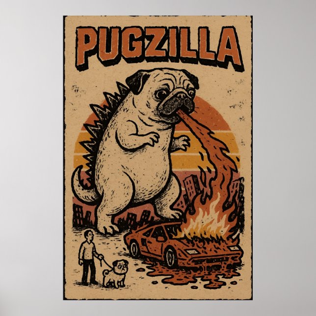 Pugzilla Poster – Süße Pug-Monster-Illustration (Vorne)