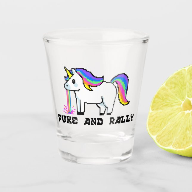 Puke & Rally Regenbogen-Einhorn-Shotglas | Pixel Schnapsglas (Vorderseite)