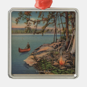 Pulaski, NY Ansicht des Kanus, Camping, Zelt, See Silbernes Ornament