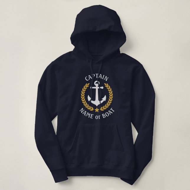 Pull À Capuche Ancre Nom du bateau Capitaine Marine Blue Gold Lau (Design devant)