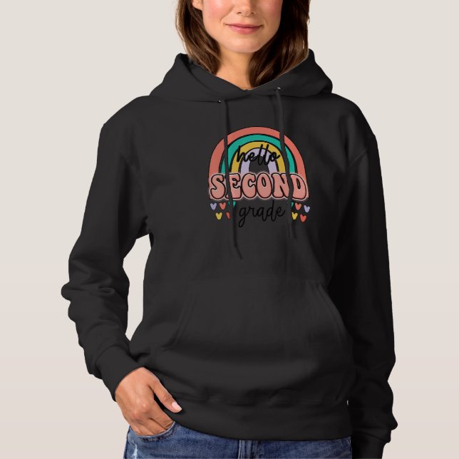 Pull À Capuche Bonjour 2e année Retro Rainbow Enseignant Premier  (Devant)