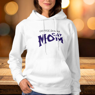 Pull À Capuche BONJOUR COFFE BOIRE CHAT MOM Noir/Bleu sur Blanc