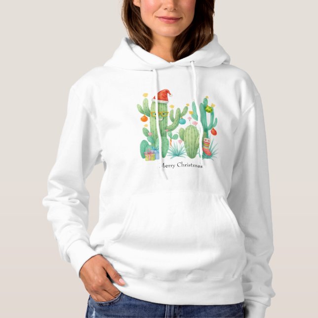Pull À Capuche Cactus de Noël Festif avec chapeau et ornement (Devant)