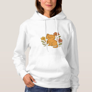Pull À Capuche Chat de dessin mignon jouant avec des fleurs desig