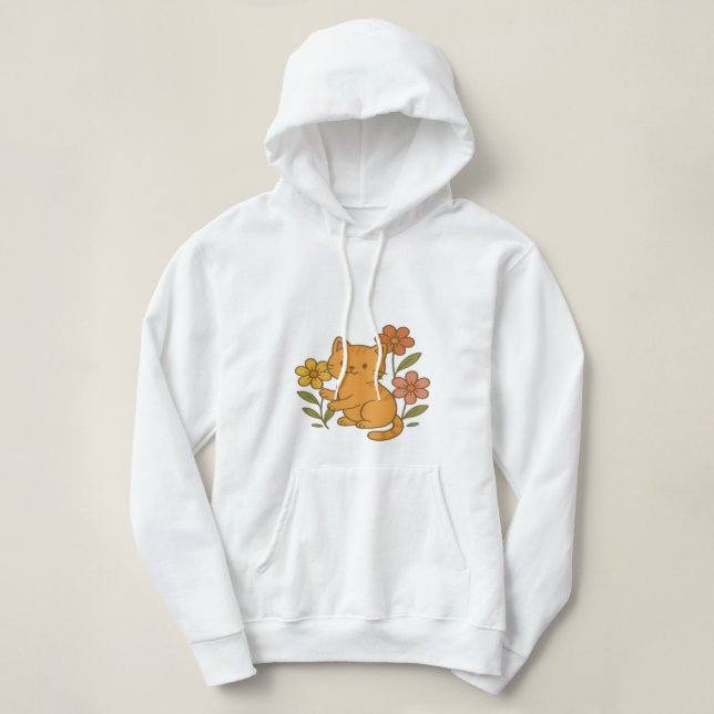 Pull À Capuche Chat de dessin mignon jouant avec des fleurs desig (Design devant)