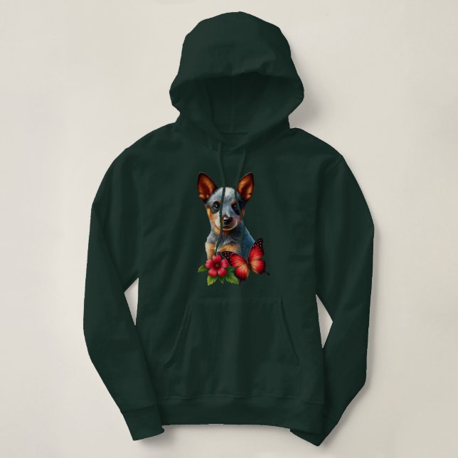 Pull À Capuche Chiot de Heeler mignon avec Papillon et Fleur (Design devant)
