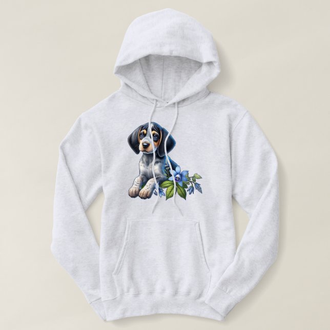Pull À Capuche Chiots Basset Hound Blue Tick avec des fleurs bleu (Design devant)